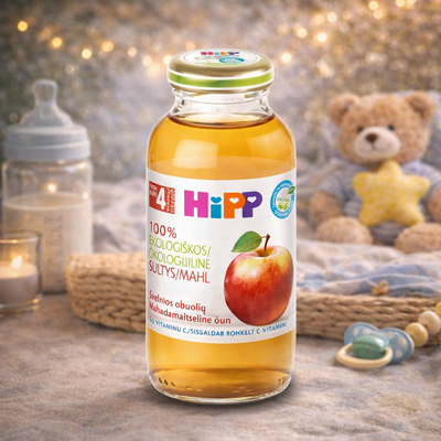 Hipp baby food bottle with apple illustration on a wooden surface with a teddy bear and baby items in the background.