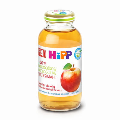 Hipp organic apple juice bottle on a white background