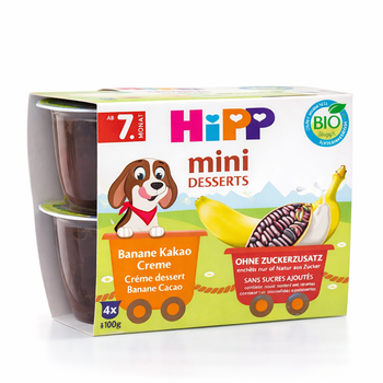Hipp mini desserts packaging with a cartoon dog and dessert illustration on a white background