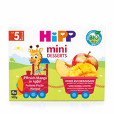 Hipp mini desserts packaging with a cartoon giraffe and fruit illustration on a white background