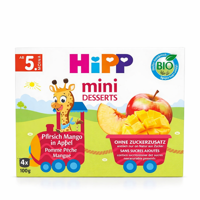 Hipp mini desserts packaging with a cartoon giraffe and fruit illustration on a white background