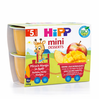Hipp mini desserts packaging with cartoon giraffe and fruit illustration on a white background