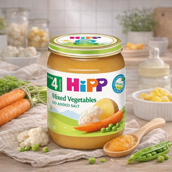 Jar of Hipp mixed vegetables baby food on a table with ingredients