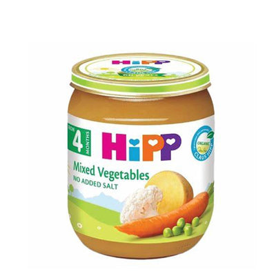 Jar of Hipp mixed vegetables baby food on a white background