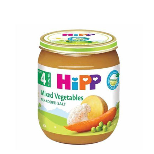 Jar of Hipp mixed vegetables baby food on a white background