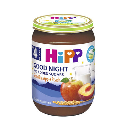 Hipp baby food jar with apple and peach illustration on a white background