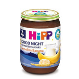 Jar of Hipp Good Night baby food with banana and semolina on a white background
