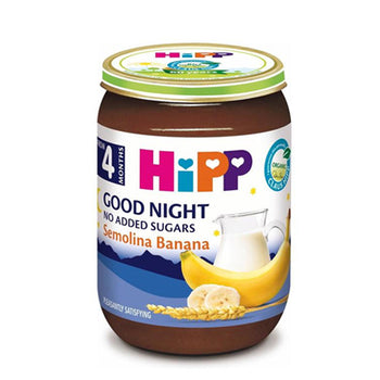 Jar of Hipp Good Night baby food with banana and semolina on a white background
