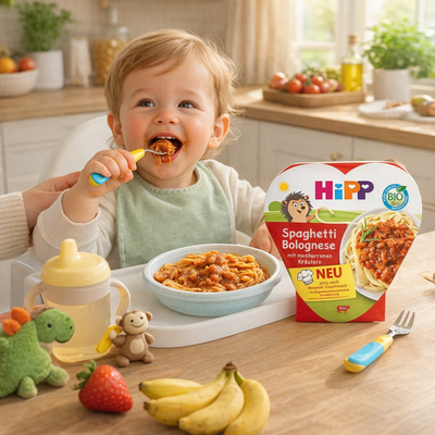Child eating spaghetti with a Hipp Spaghetti Bolognese box in a kitchen setting