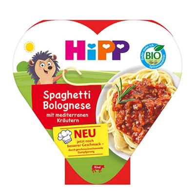 Hipp Spaghetti Bolognese packaging with a heart-shaped design on a white background