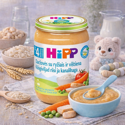 Hipp baby food jar with a spoonful of baby food on a table with ingredients and a teddy bear.