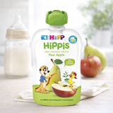 Hippis organic fruits pouch with pear and apple on a light background
