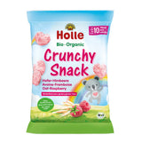 Holle Crunchy Snack package with a blue and white design featuring raspberries and oats.
