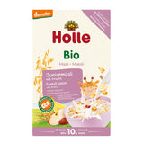 Holle organic baby cereal packaging with a cartoon giraffe and milk being poured.