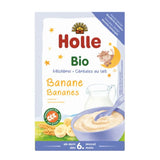 Holle Bio baby food package with banana flavor on a white background