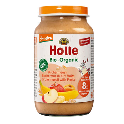 Holle organic baby food jar with fruit illustration on a white background