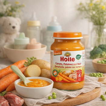 Jar of Holle baby food with a bowl of food and ingredients on a table.