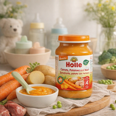 Jar of Holle baby food with a bowl of food and ingredients on a table.