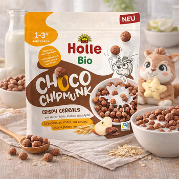 Holle Bio Choco Chipmunk crispy cereals packaging with a bowl of cereal and a toy on a wooden surface.