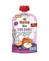 Holle Bio Dino Dance fruit pouch with apples, blueberries, and plum on a white background