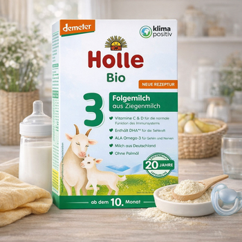 Holle Bio baby formula box on a wooden table with baby items in the background