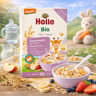 Holle organic breakfast cereal box with a bowl of cereal, fruits, and a teddy bear in a natural setting.