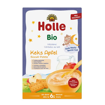 Holle organic baby food packaging with apple cracker and juice illustration