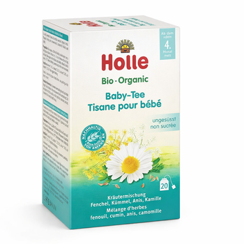 Holle organic baby tea packaging with flowers on a white background