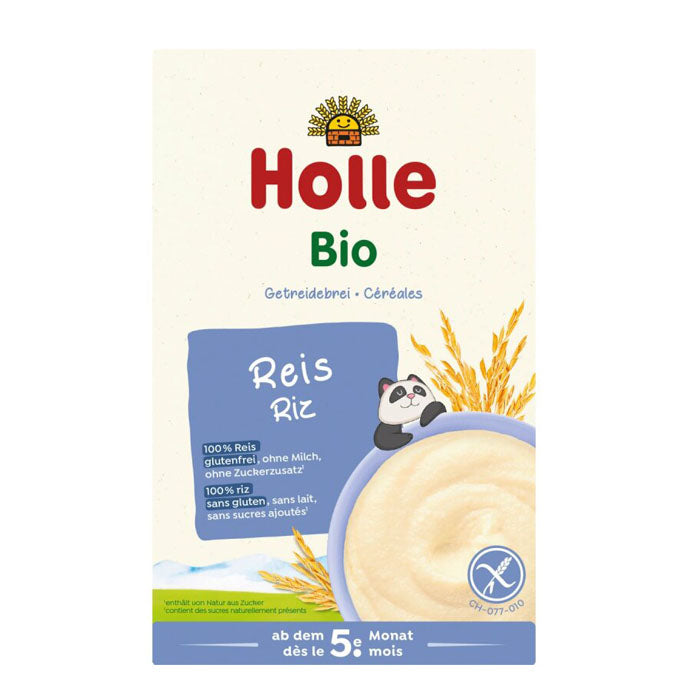 Holle organic rice baby cereal packaging with panda illustration on a white background