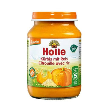 Holle pumpkin with rice baby food jar on a white background