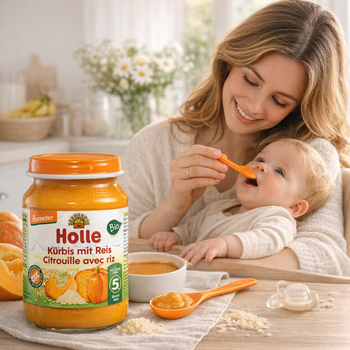 Woman feeding a baby with a jar of Holle baby food in a kitchen setting.