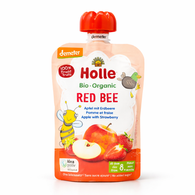 Holle organic baby food pouch with red lid on a white background