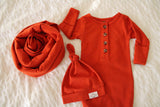 Baby Organic Knotted Gown + Top Knot Hat - Rust