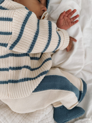 Knit Striped Pants  - Cream & Denim Blue
