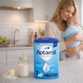 Woman holding a baby with an Aptamil Pronutra container and bottle on a kitchen counter.