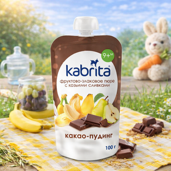 Kabrita chocolate pudding pouch with fruits on a picnic setting
