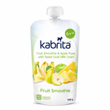 Kabrita fruit smoothie and apple puree packaging on a white background