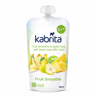 Kabrita fruit smoothie and apple puree packaging on a white background