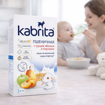 Kabrita cereal box with a baby and mother in the background