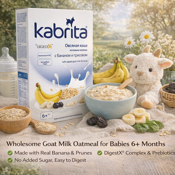 Kabrita goat milk oatmeal packaging with a bowl of oatmeal, bananas, and a plush toy on a natural background.