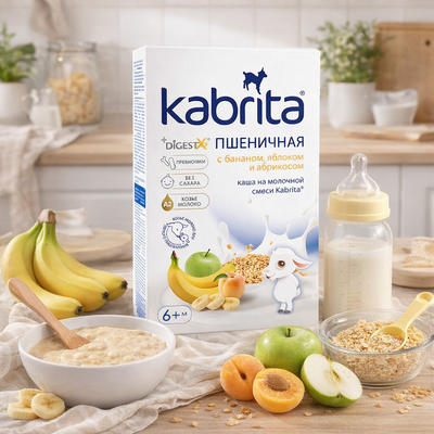 Kabrita cereal packaging with a bowl of cereal, fruits, and a bottle on a kitchen counter.