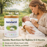Woman holding a baby with Kendamil goat milk powder in a pastoral setting