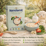 Kendamil baby porridge packaging with ingredients and a scenic background