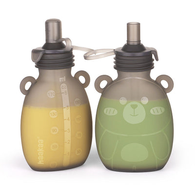 Haakaa Happii Bear Silicone Goody Pouch – Reusable Baby Food Pouch with Straw (170ml / 500ml)