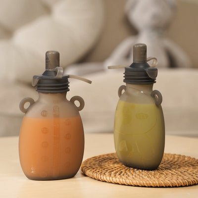 Haakaa Happii Bear Silicone Goody Pouch – Reusable Baby Food Pouch with Straw (170ml / 500ml)