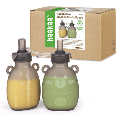 Haakaa Happii Bear Silicone Goody Pouch – Reusable Baby Food Pouch with Straw (170ml / 500ml)