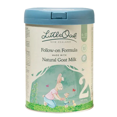 Little Oak New Zealand follow-on formula canister with blue lid on a white background