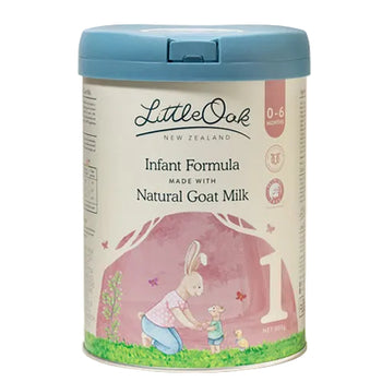 Little Oak New Zealand infant formula canister with blue lid on a white background