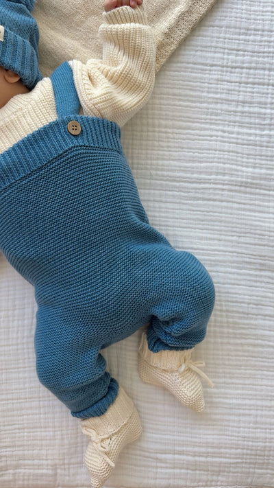 High-Waisted Knit Suspenders - Denim Blue