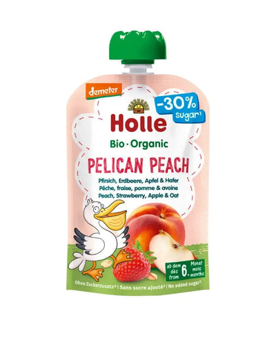 Holle organic baby food pouch with green cap on a white background